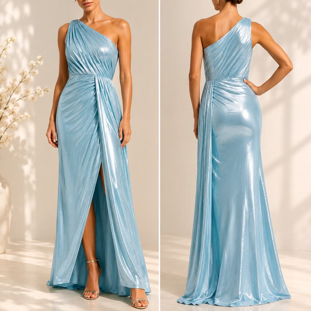 Mac Duggal One-Shoulder Metallic Aqua Blue Evening Gown Maxi Dress Size 4 New